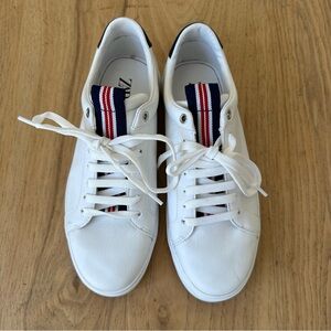 ZARA White Leather Preppy Sneakers with Red, White, & Blue Ribbon on the Tongue